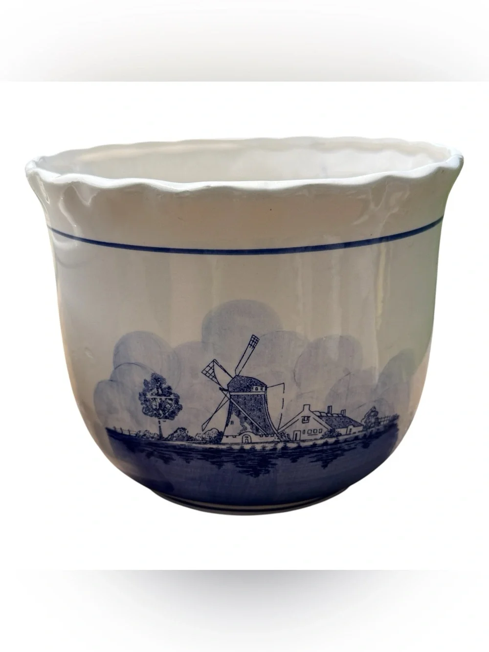 Vintage Delft Blue Dutch Windmill Ceramic Planter Cachepot Set Cottagecore Bowls
